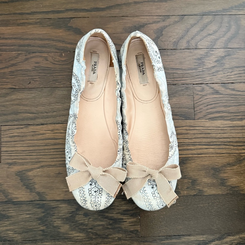 Prada Floral Toile Bow Ballet Flats